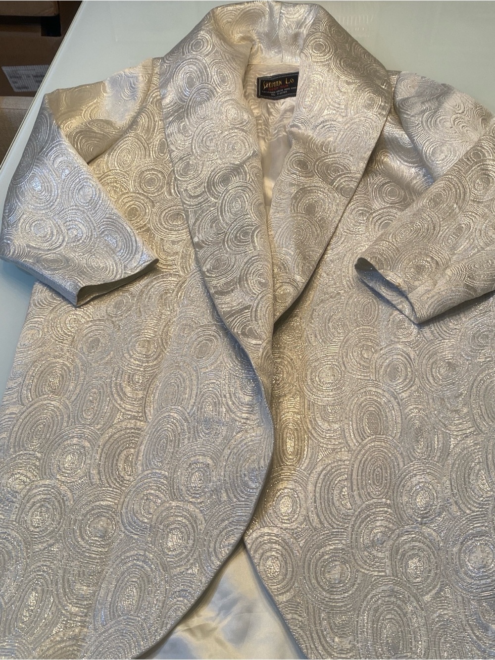 Vtg Stephen Lo Custom Tailor Hong Kong Silver Metallic Brocade Evening Coat L/XL
